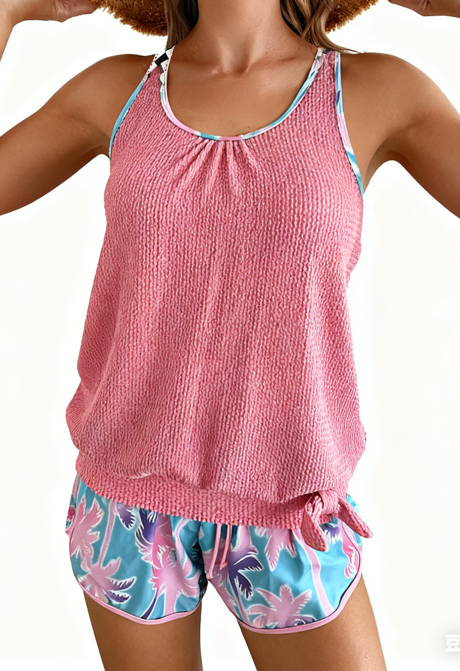 Palm Tree Print Holiday-Style Knit Fabric Two-Piece Swimsuit Size L