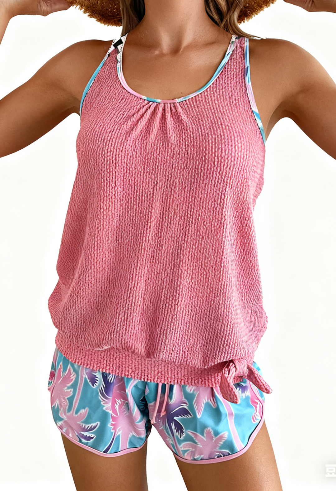 Palm Tree Print Holiday-Style Knit Fabric Two-Piece Swimsuit Size S