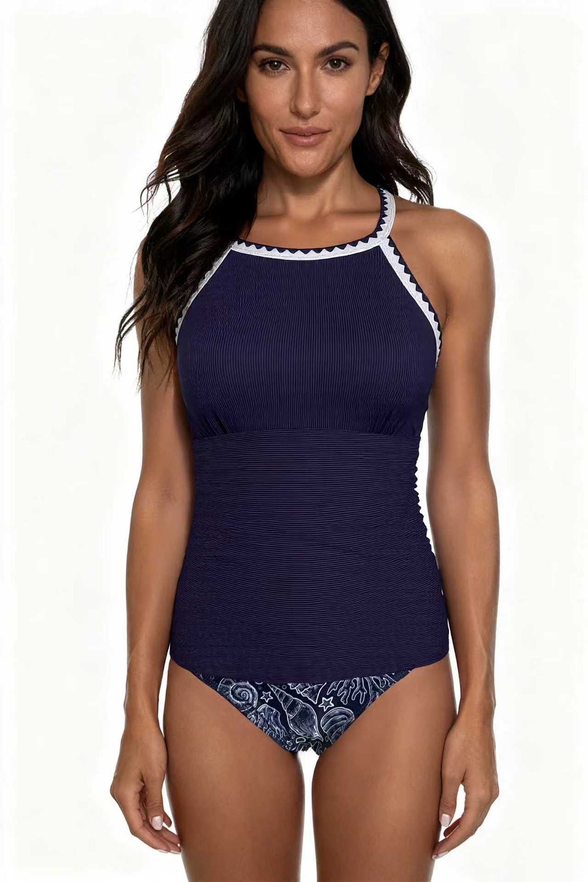 Spot Eco-friendly Fabric Navy Round Neck Swimsuit Sexy Tankini Size L