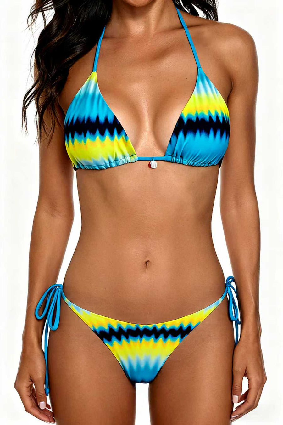 2026 New Bikini Yellow and Blue Color Clash Design Swimsuit Wave Pattern Print Eco-friendly Fabric Size S