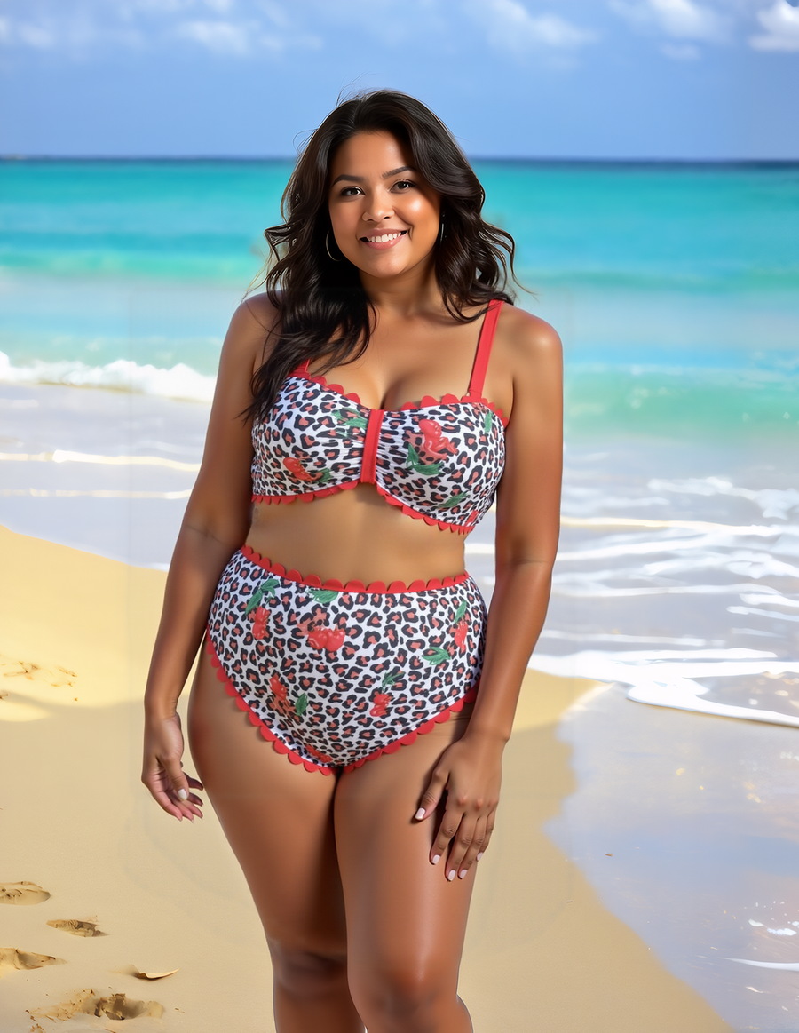 Designer Slenderizing Plus Size Two Piece Beach Set Featuring Fierce Animal Print Size 0XL