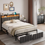 Double Bed Frame with 2 Storage Drawers and LED Lights Headboard, Upholstered Bed Frame with Charging Station, No Box Spring Needed, Easy Assembly - Grey