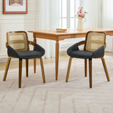 Set of 2 Rattan Back Dining Chairs, Black Faux Leather
