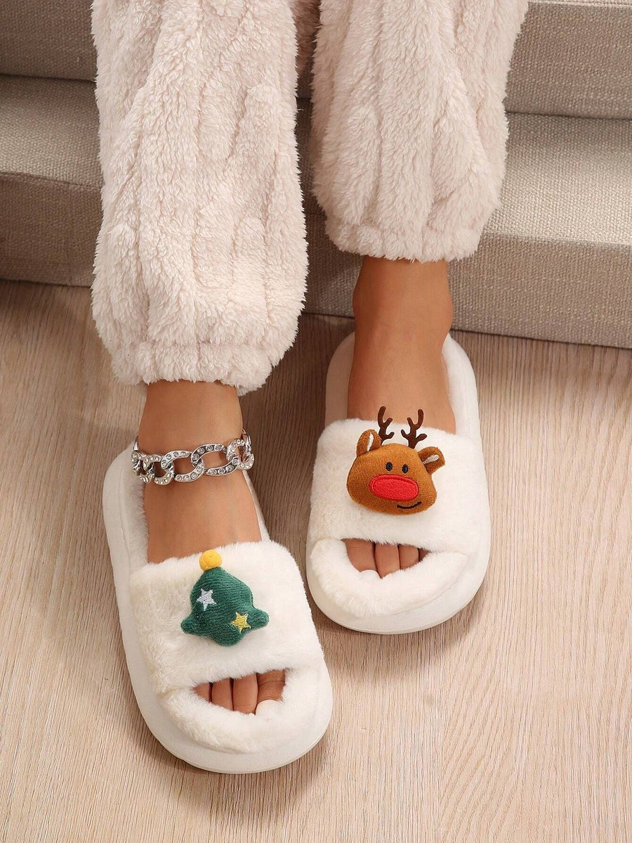 Christmas Cartoon Plush Slippers, Unisex Lightweight Thick-Soled Anti-Slip Fuzzy Slippers for Couples & Family(milky white-37-38)