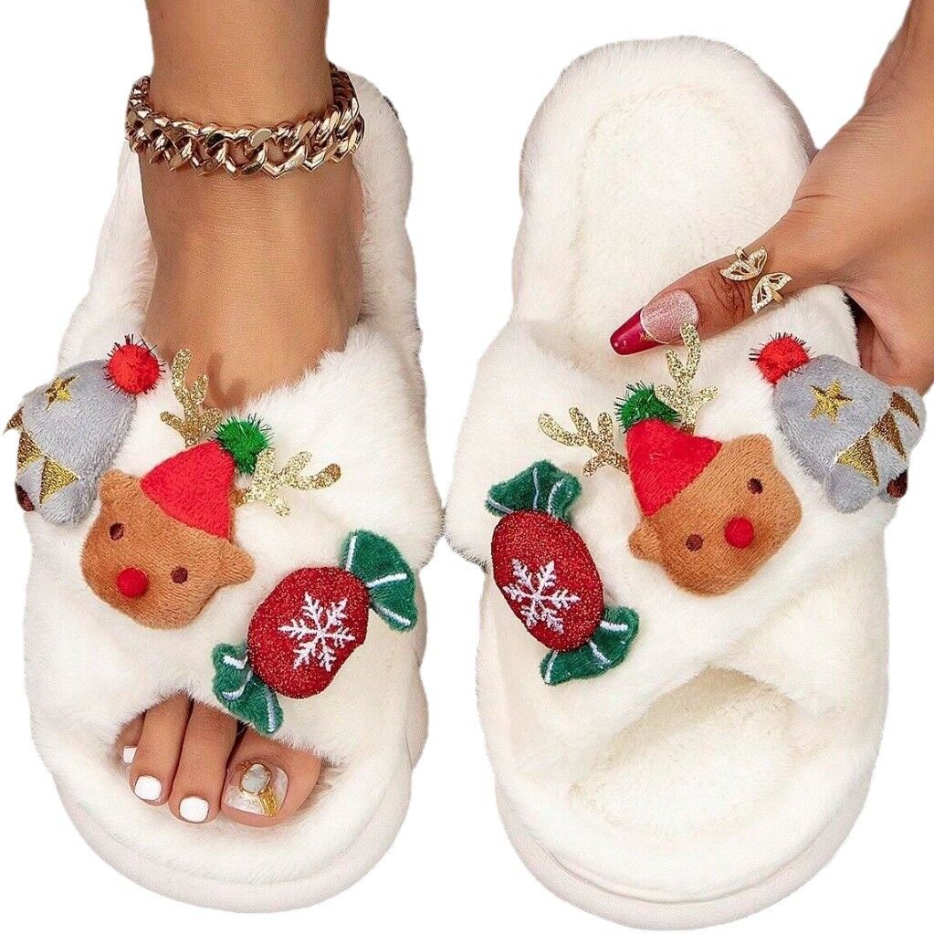Christmas Cartoon Plush Slippers, Unisex Lightweight Thick-Soled Anti-Slip Fuzzy Slippers for Couples & Family(white-35-36)