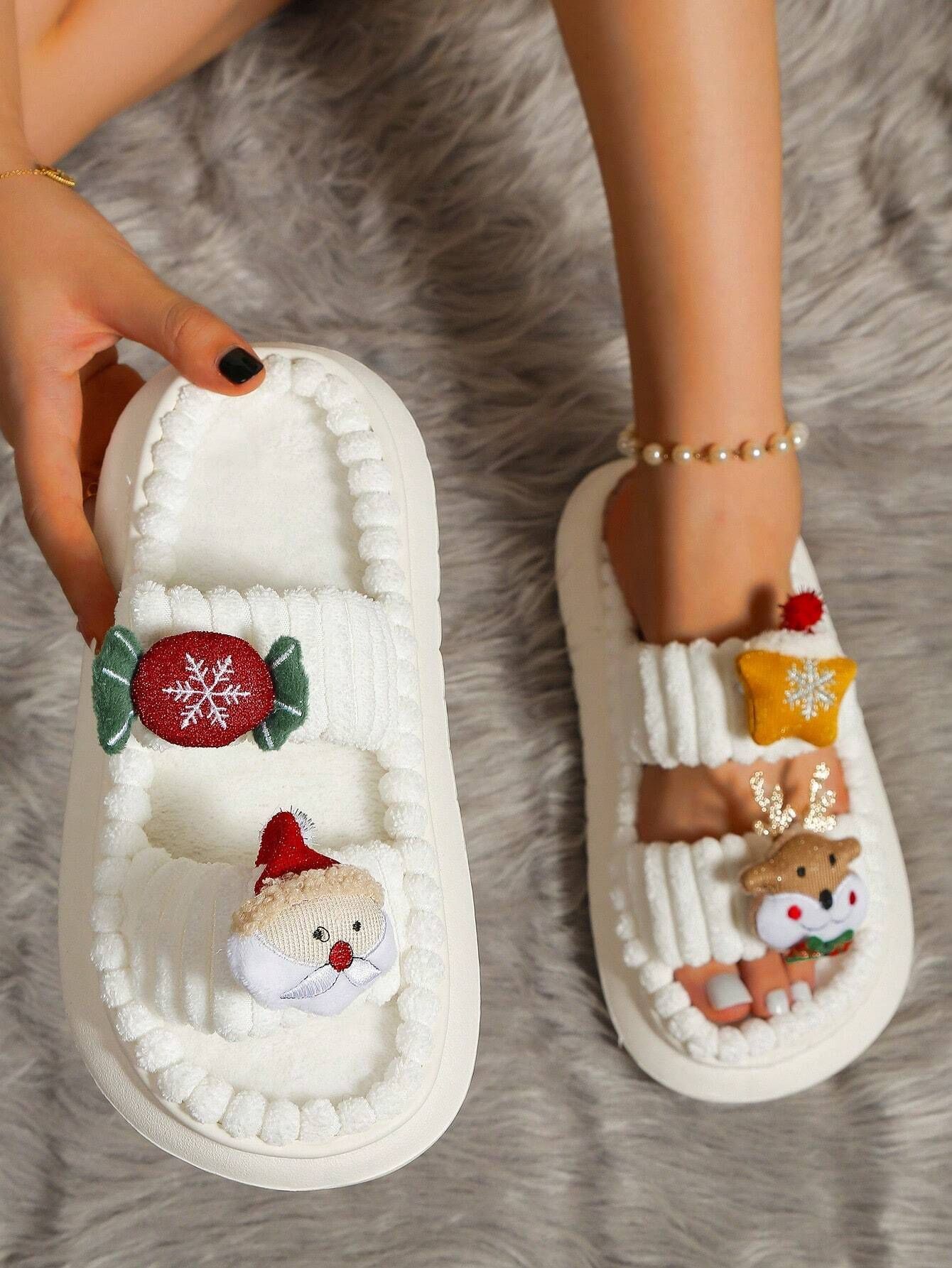 hristmas Cartoon Plush Slippers, Unisex Lightweight Thick-Soled Anti-Slip Fuzzy Slippers for Couples & Family(white-37-38)
