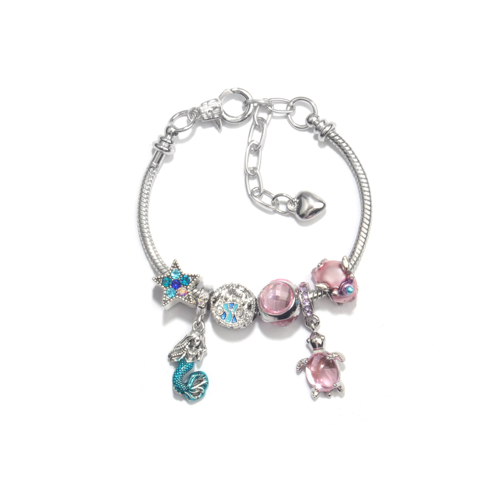 Rhinestone Star Alloy Bracelet with Mermaid & Turtle Charms Cute Pig & Glass Beads Jewelry(20cm)