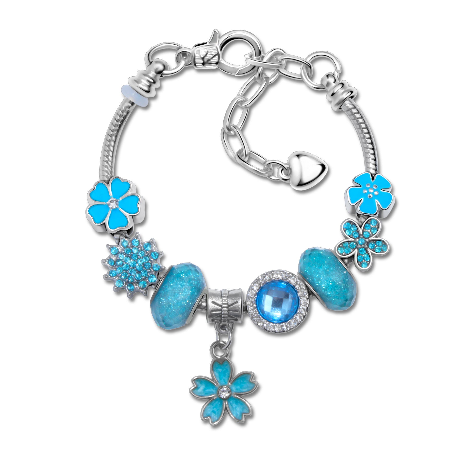 Blue Magnolia Alloy Bracelet with Rhinestones & Glaze Beads(18cm)