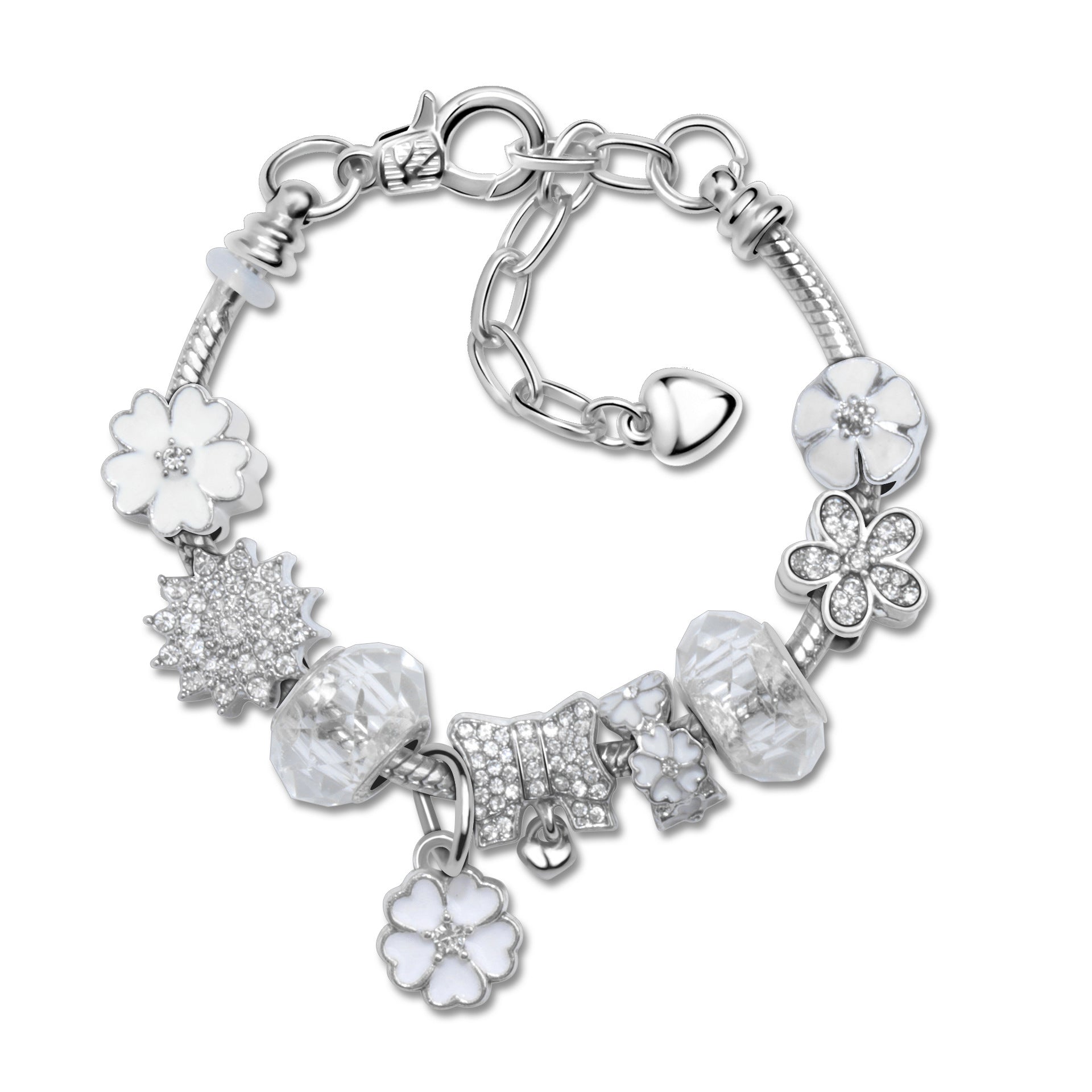 Alloy Bracelet with Rhinestone, Glass Beads & White Magnolia Pendant(18cm)