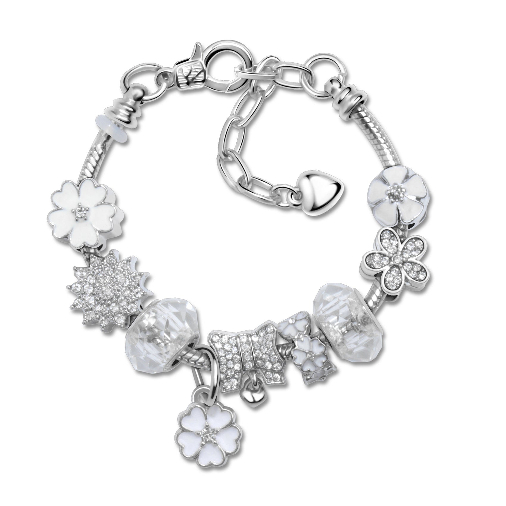 Alloy Bracelet with Rhinestone, Glass Beads & White Magnolia Pendant(19cm)