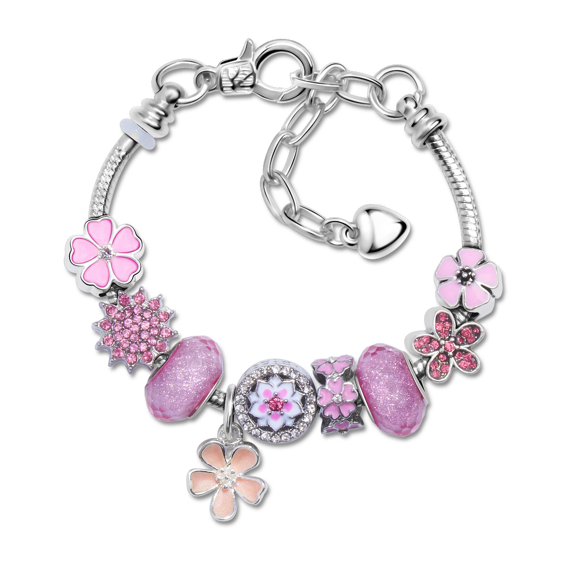 Pink Rhinestone Glass Enamel Bead Bracelet with Magnolia Pendant(18cm)
