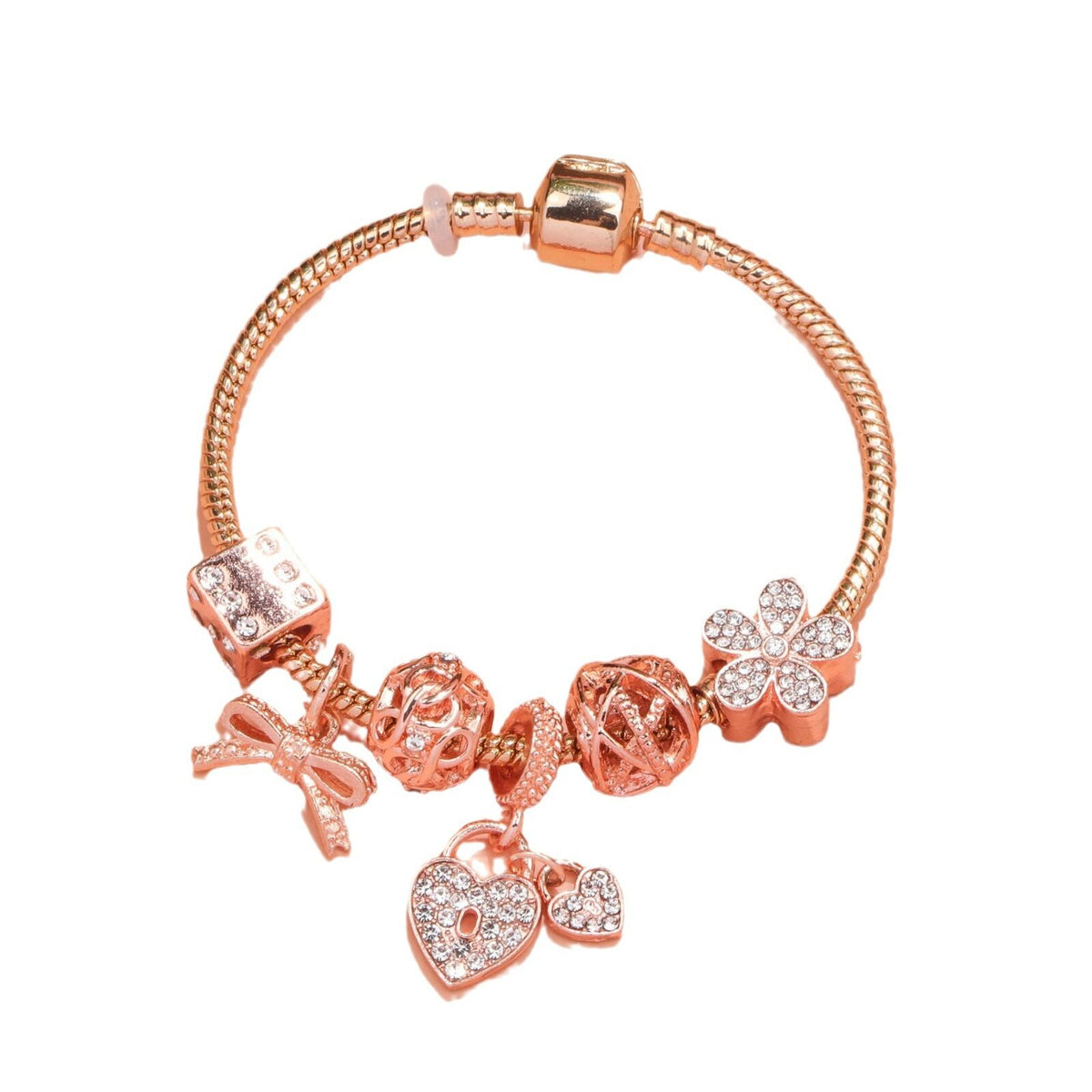 Hollow Out Crystal Flower Heart Bow Charm Bracelet(rose gold,18cm)