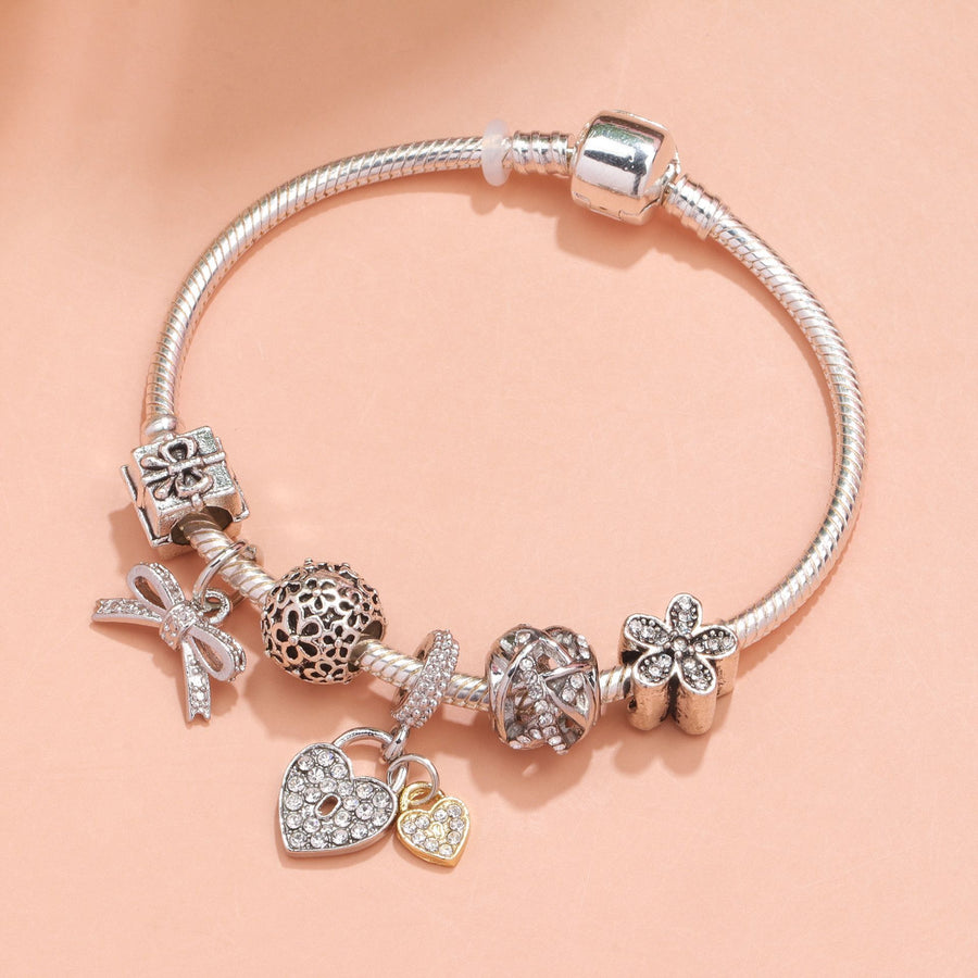 Hollow Out Crystal Flower Heart Bow Charm Bracelet(silver-toned,19cm)