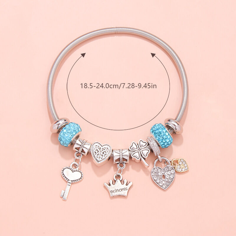 Charm Bracelet with Heart, Four-Leaf Clover & Rhinestone Beads(blue)