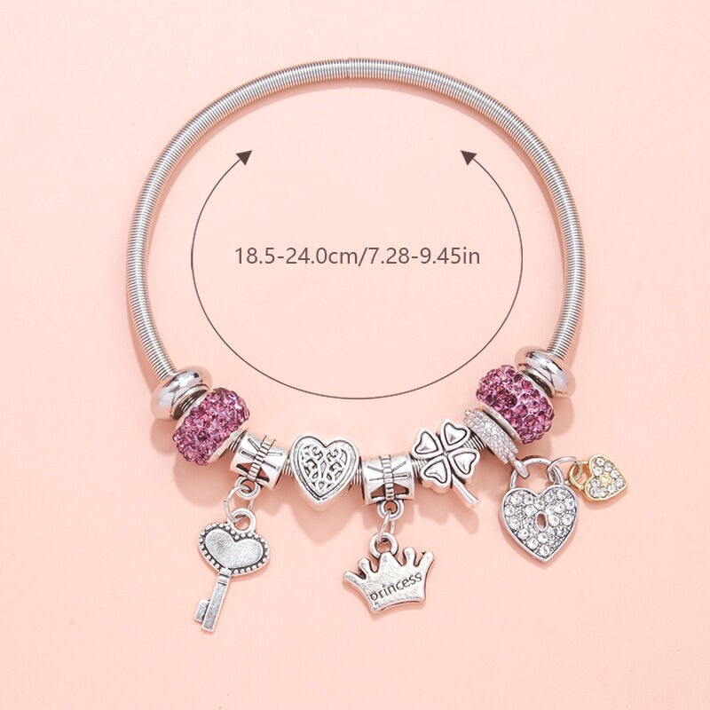 Charm Bracelet with Heart, Four-Leaf Clover & Rhinestone Beads(purple)