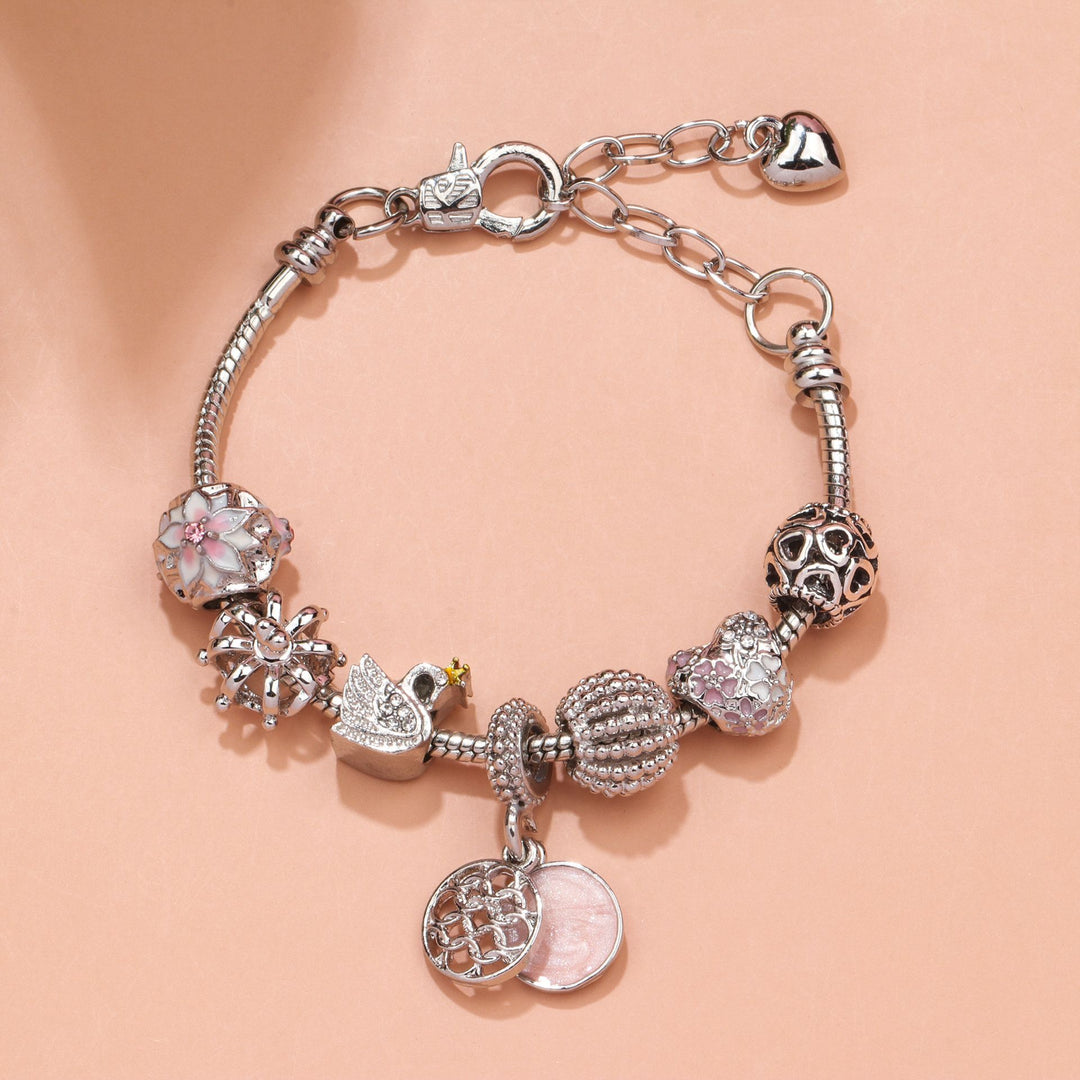 Hollow Crystal-Encrusted Swan Crown Flower Heart Bracelet(silver,19cm)