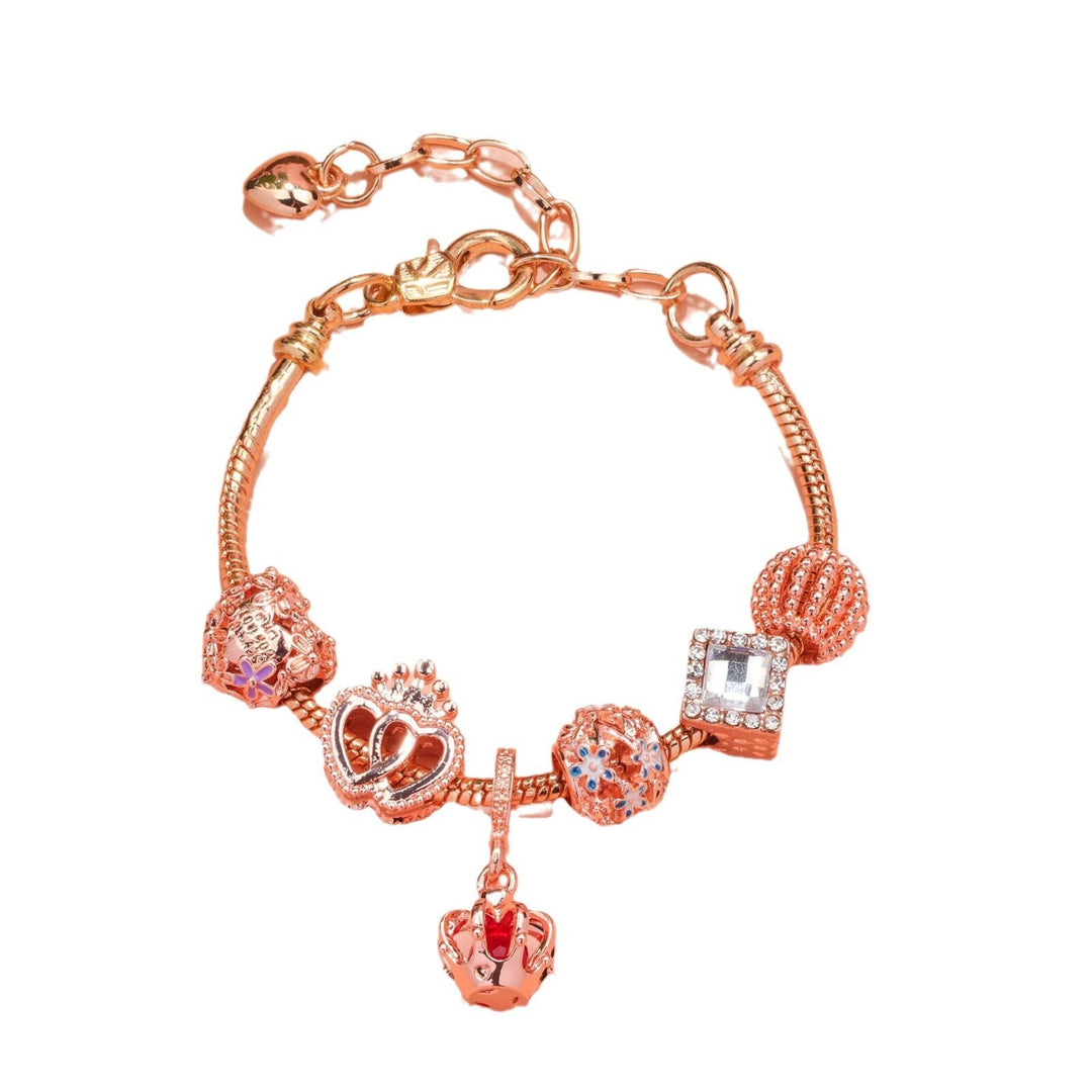 Hollow-out Rhinestone Heart Flower Charm Bracelet(rose gold,16cm)