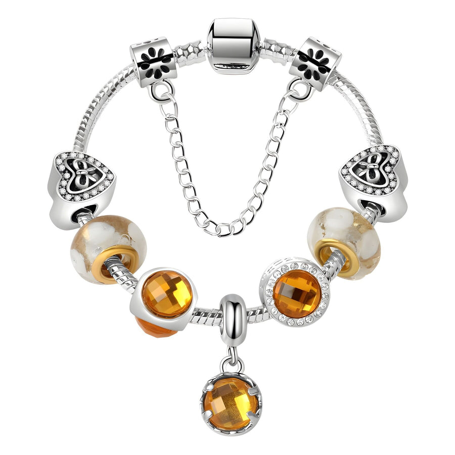 Yellow Zircon Heart Glass Beaded Bracelet with Rhinestones(21cm)