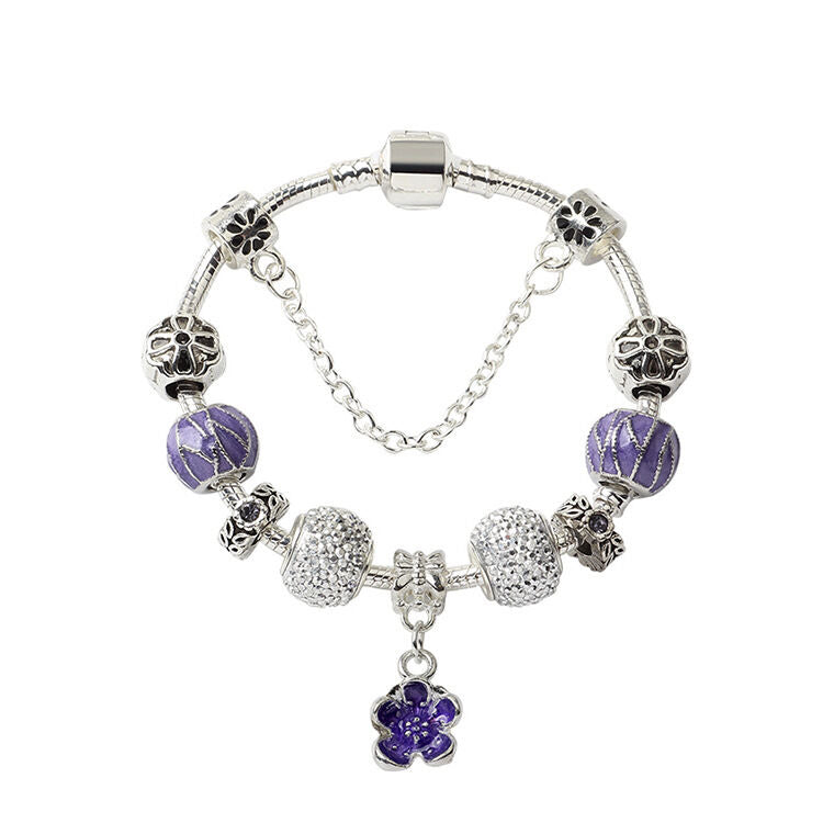 Vintage Alloy Charm Bracelet with Purple Flower Pendant, Crystal Beads(19cm)