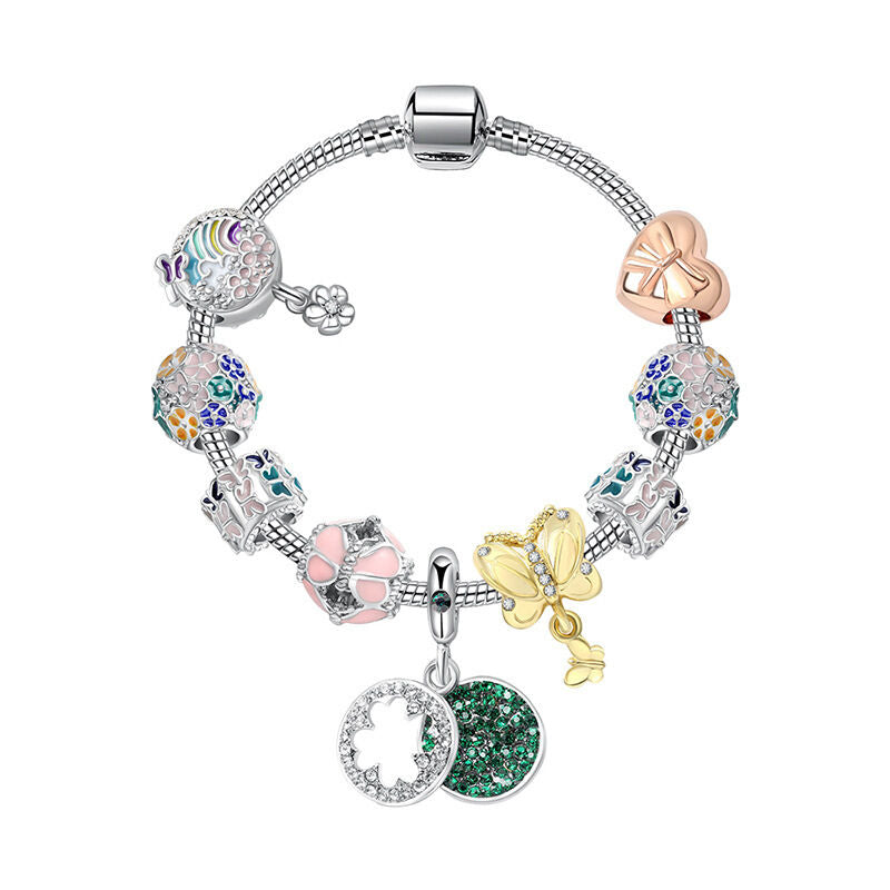 Rhinestone Inlaid Pastoral Style Butterfly Wreath Clover Pendant Bracelet(20cm)