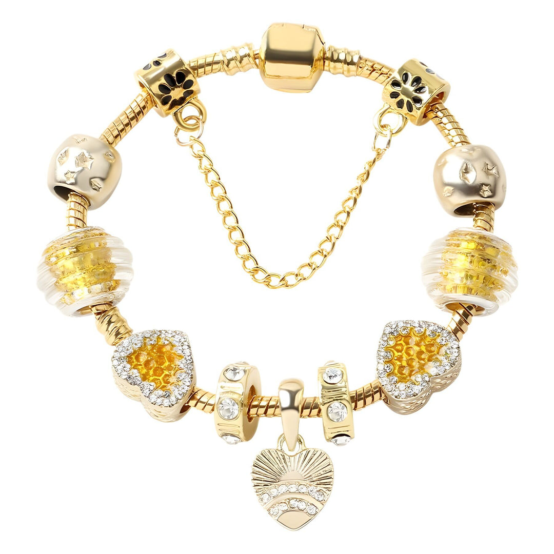Golden Rhinestone Heart Charm Beaded Snake Chain Bracelet(18cm)