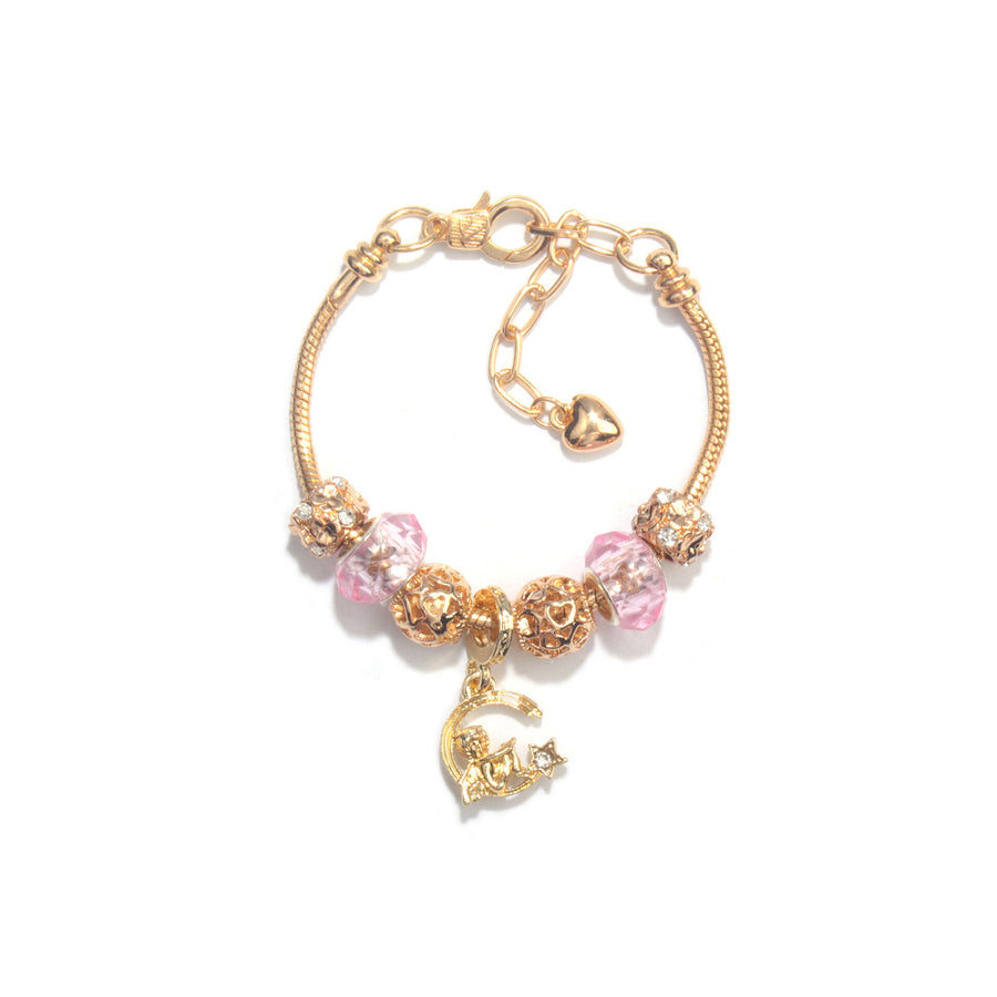 Sweet Style Crystal Rhinestone Gold Star Moon Pendant Cute Pink Bead Bracelet(16cm)