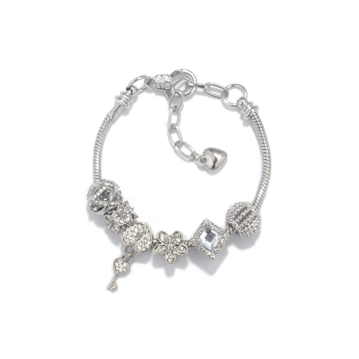 Adjustable Lobster Clasp Bracelet with Zircon Hollow Ball, Square, Flower & Heart Key Charms(17cm)