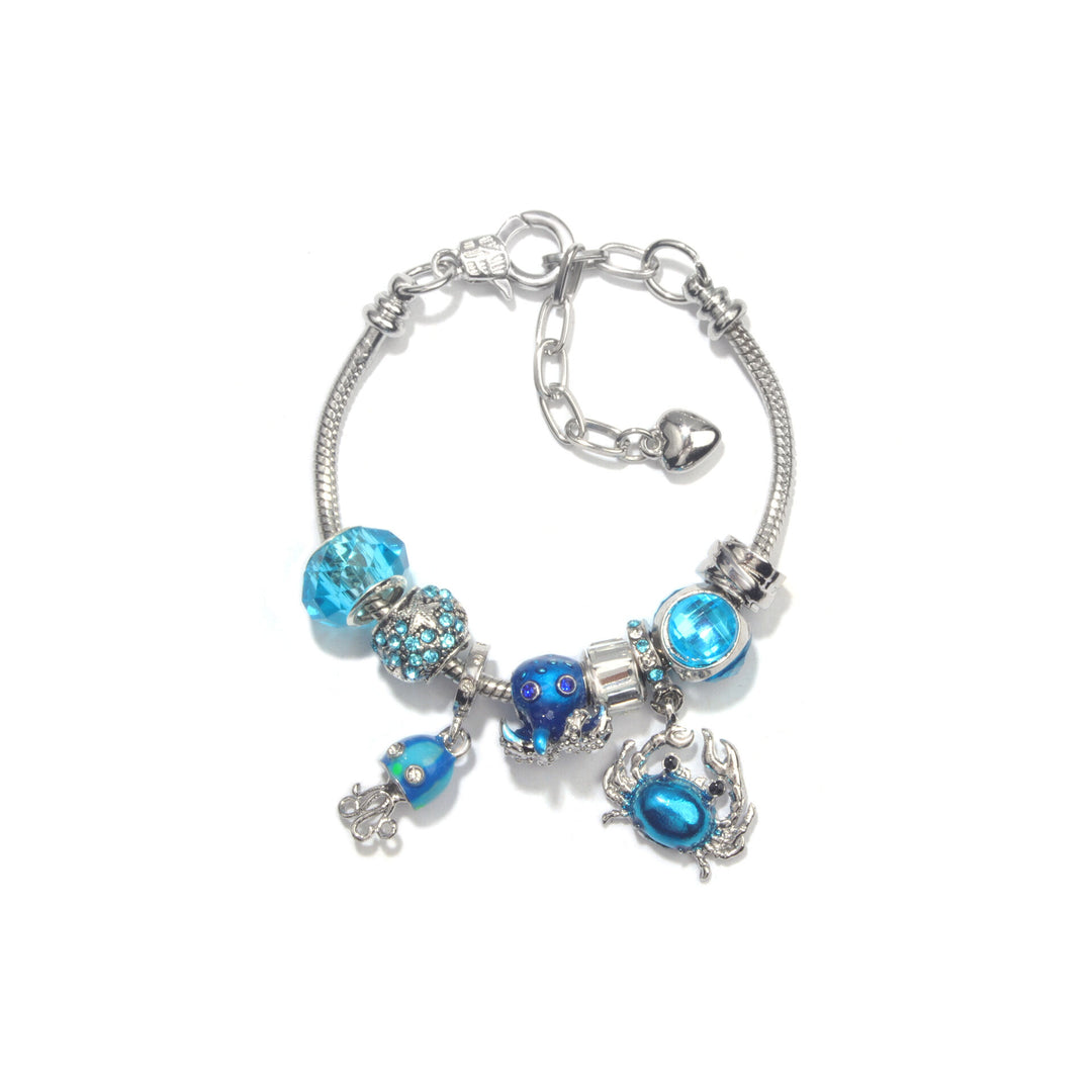 Cartoon Ocean Theme Bracelet with Octopus, Jellyfish, Crab Charms & Crystal Rhinestone Beads(18cm)
