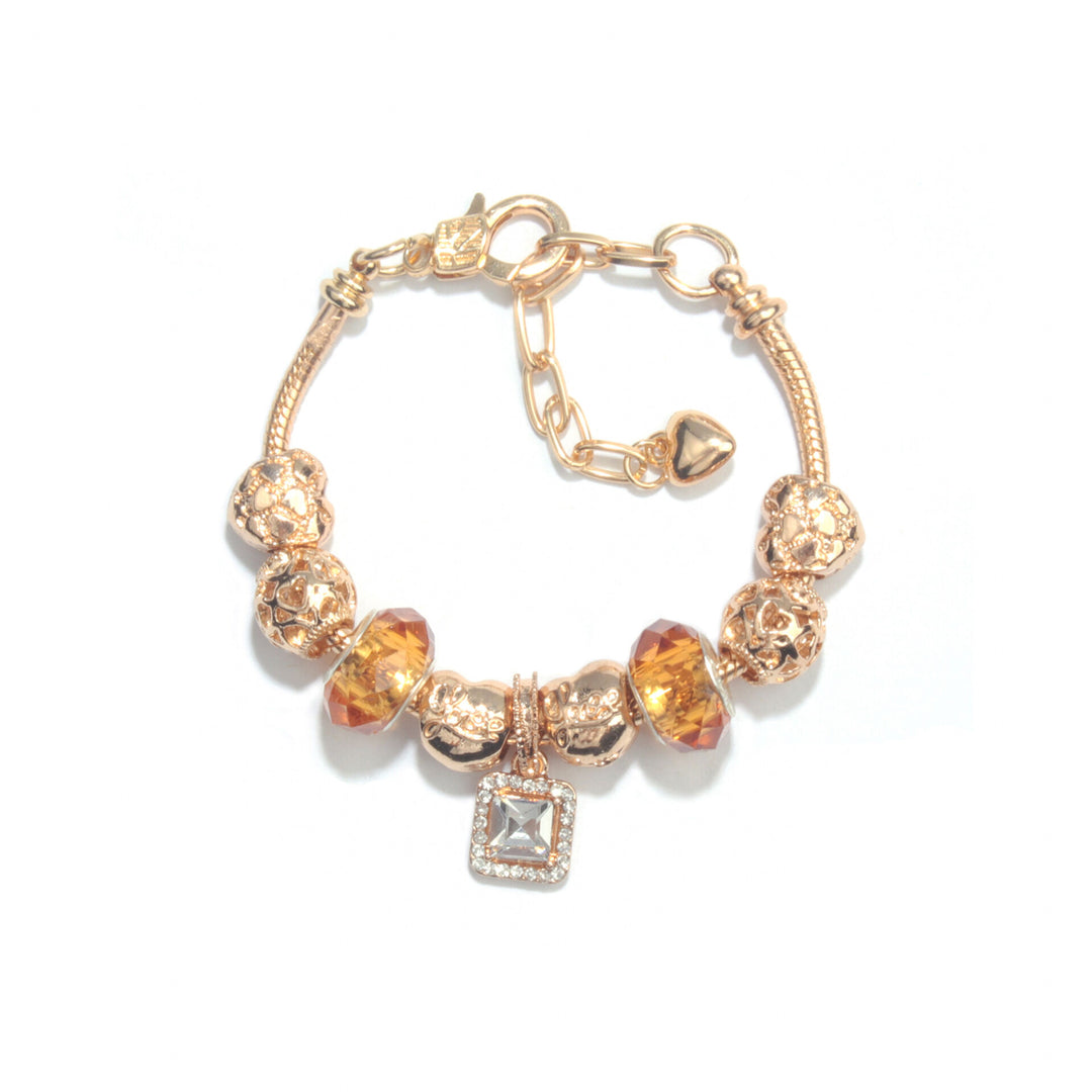 Golden Heart Zircon Hollow Bead Bracelet with Rhinestone Pendant(16cm)