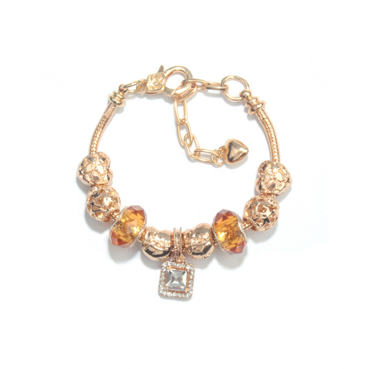 Golden Heart Zircon Hollow Bead Bracelet with Rhinestone Pendant(20cm)