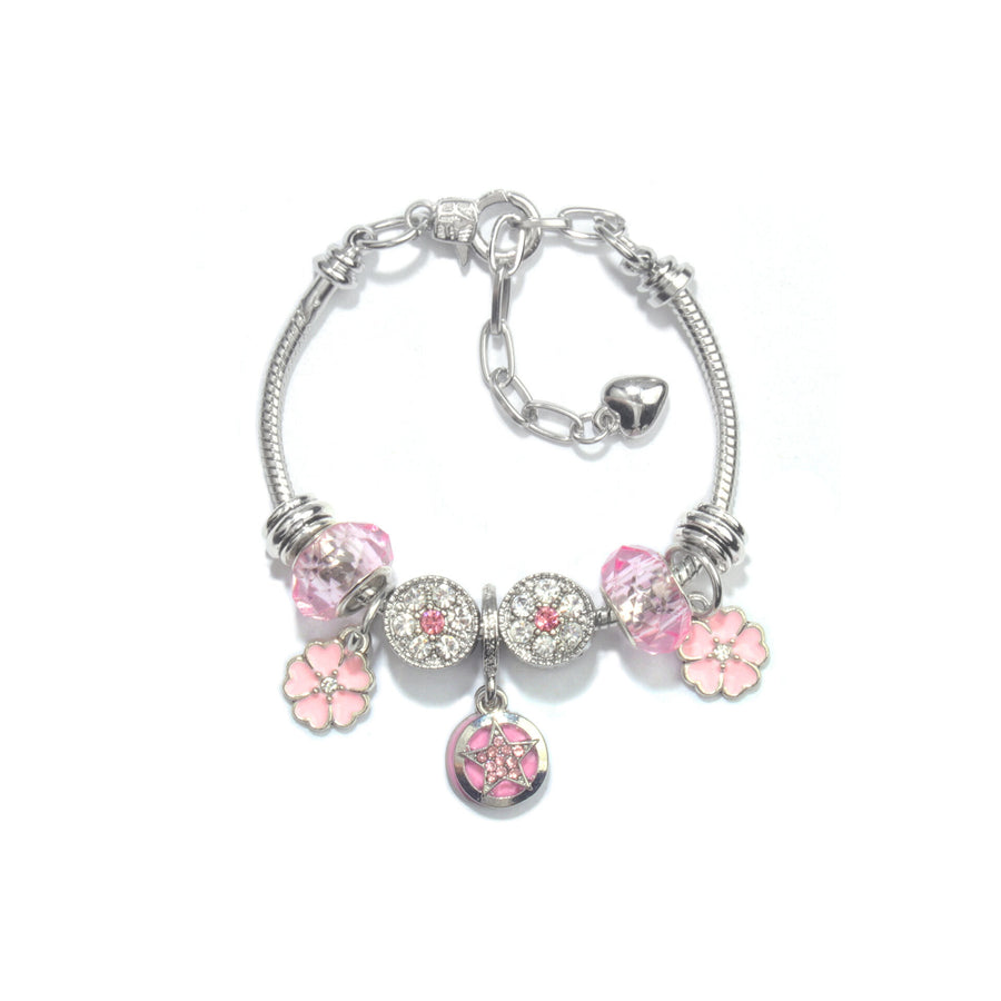Chic Pink Crystal Beaded Bracelet with Magnolia & Star Pendant(16cm)
