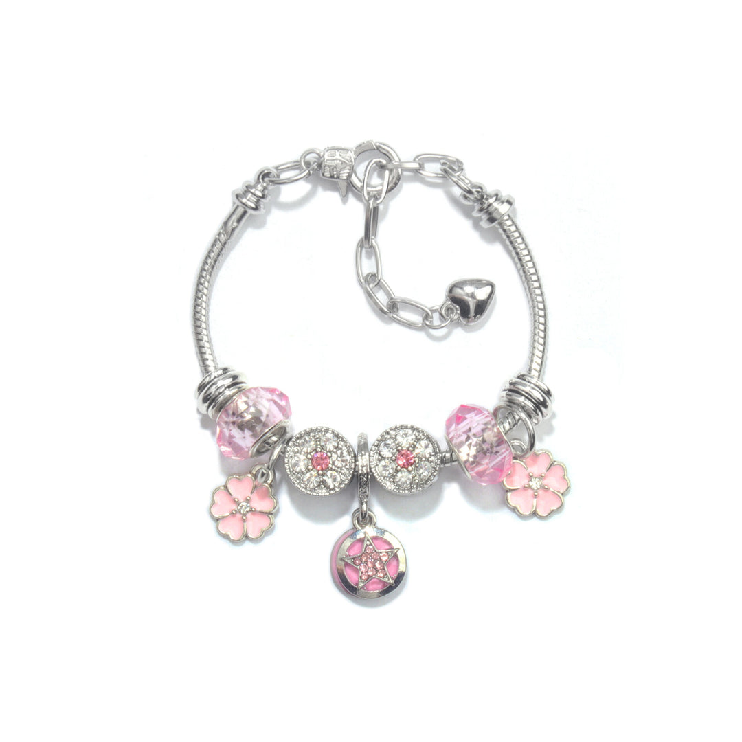 Chic Pink Crystal Beaded Bracelet with Magnolia & Star Pendant(20cm)