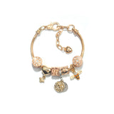 Golden Heart & Bee Charm Bracelet with Rhinestones, Hollow Flower & Gift Box Beads(18cm)