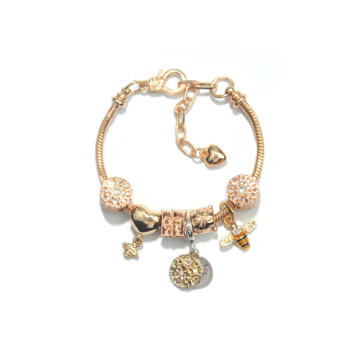 Golden Heart & Bee Charm Bracelet with Rhinestones, Hollow Flower & Gift Box Beads(19cm)