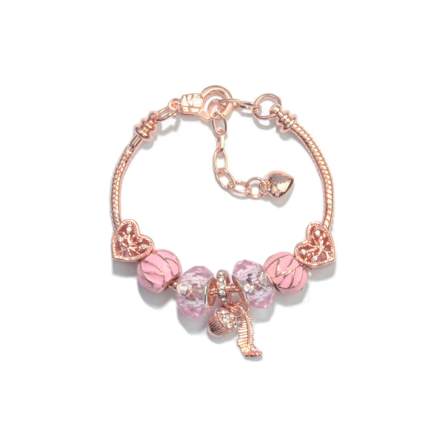 Rose Gold Charm Bracelet with Heart, Crystal, Leaf & Acorn, Colorful Beaded Jewelry for Women(20cm)