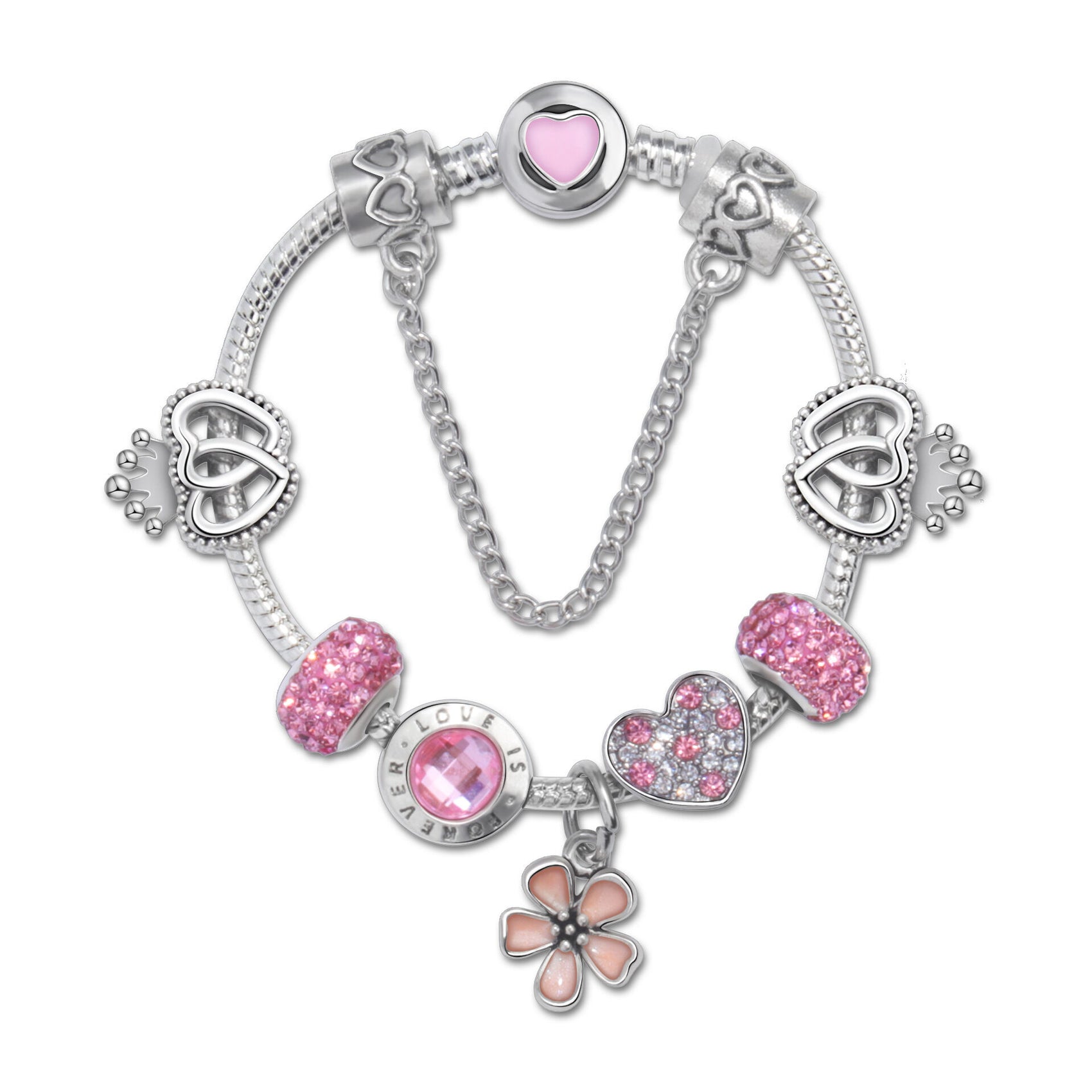 Rhinestone Heart & Crown Bead Bracelet,Fashion Sweet Jewelry for Women(pink-16cm)