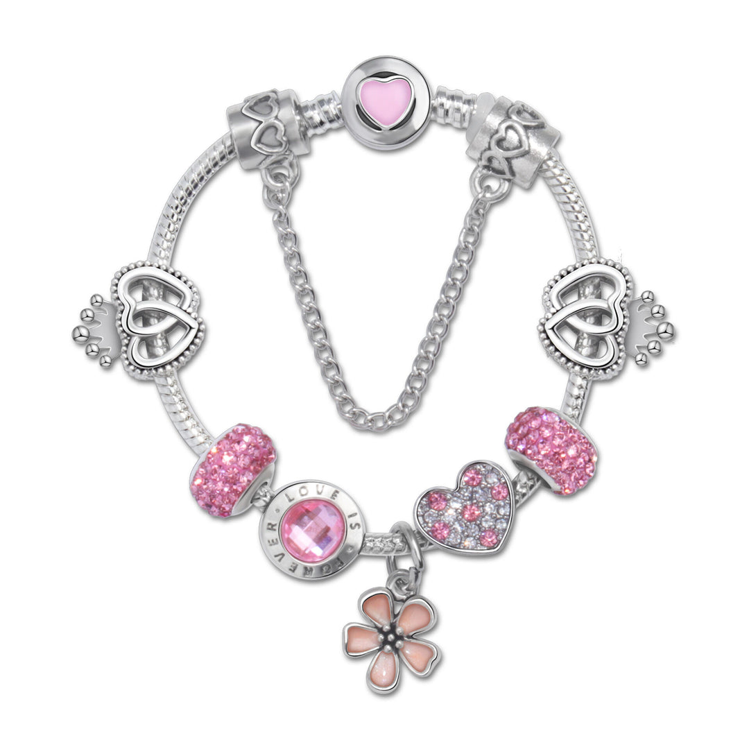 Rhinestone Heart & Crown Bead Bracelet,Fashion Sweet Jewelry for Women(pink-17cm)