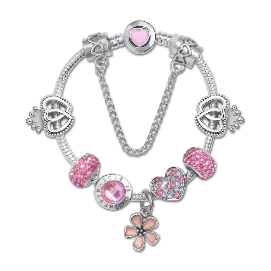 Rhinestone Heart & Crown Bead Bracelet,Fashion Sweet Jewelry for Women(pink-18cm)