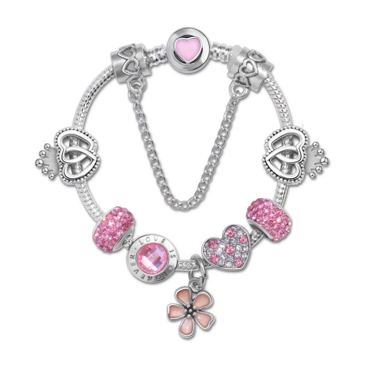 Rhinestone Heart & Crown Bead Bracelet,Fashion Sweet Jewelry for Women(pink-19cm)