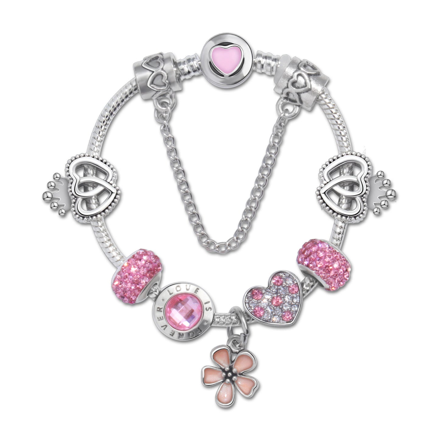Rhinestone Heart & Crown Bead Bracelet,Fashion Sweet Jewelry for Women(pink-21cm)
