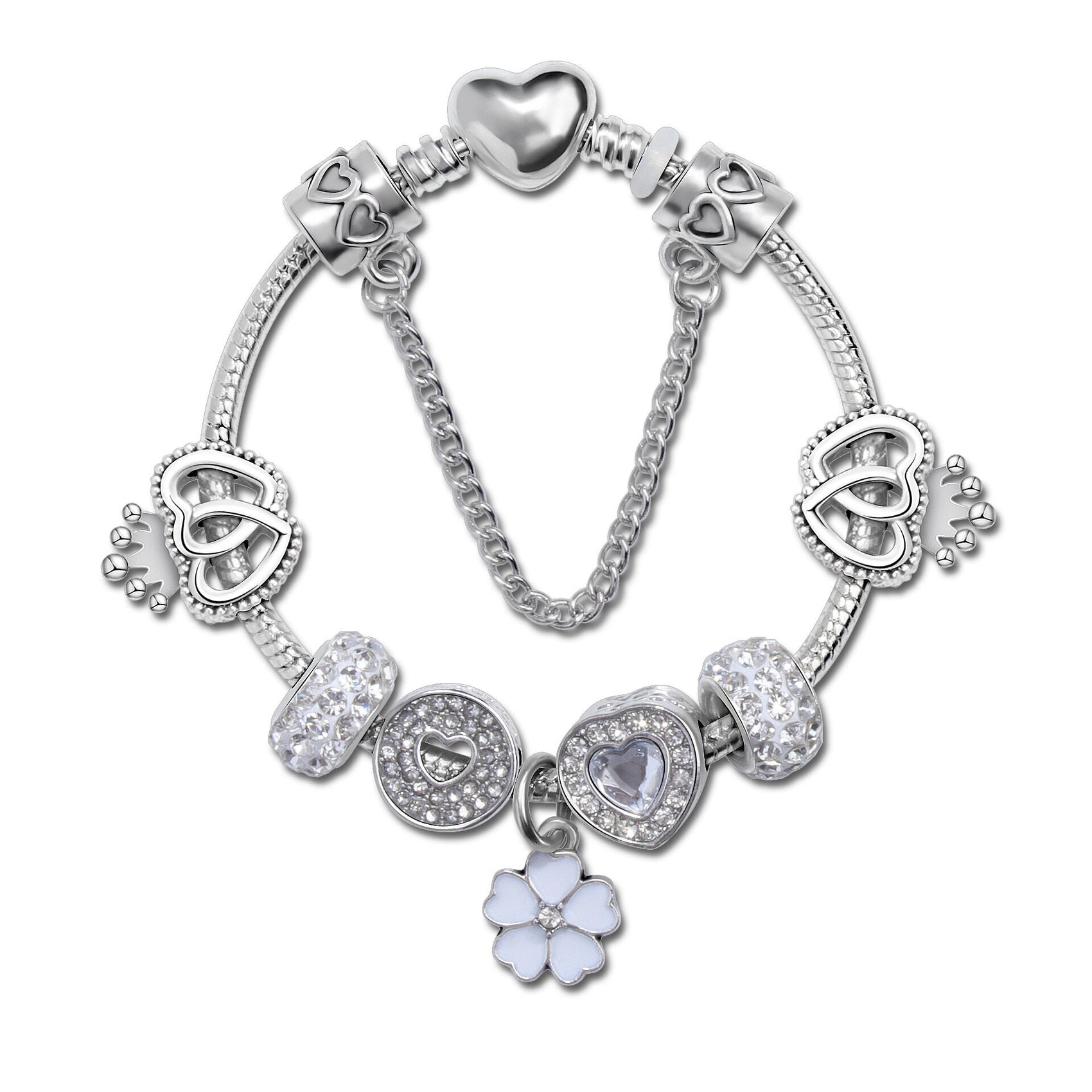 Rhinestone Heart & Crown Bead Bracelet,Fashion Sweet Jewelry for Women(silver-17cm)