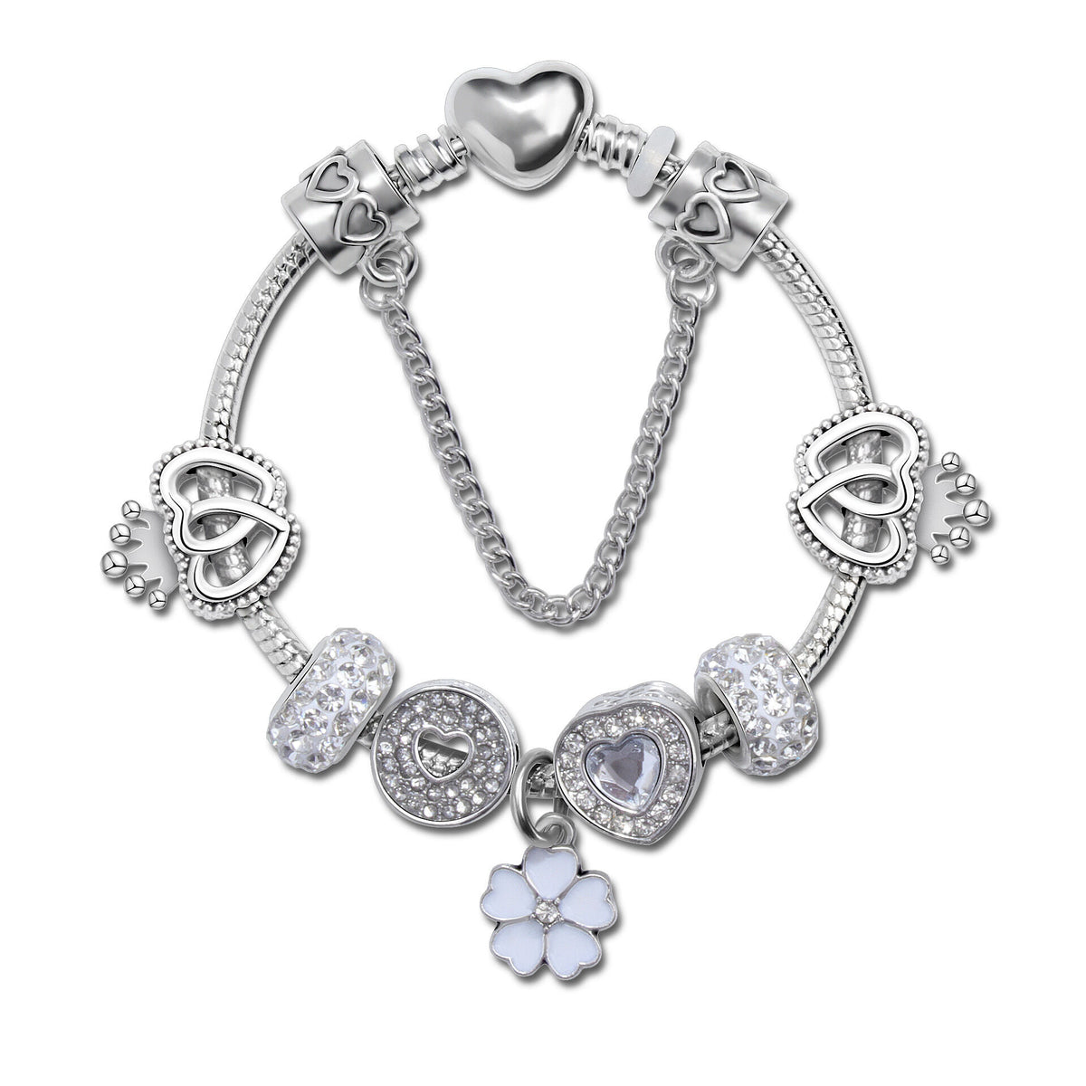 Rhinestone Heart & Crown Bead Bracelet,Fashion Sweet Jewelry for Women(silver-17cm)