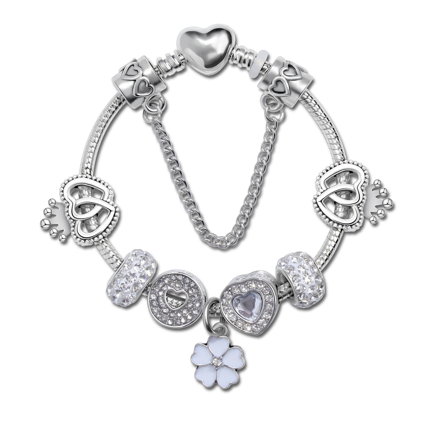 Rhinestone Heart & Crown Bead Bracelet,Fashion Sweet Jewelry for Women(silver-19cm)