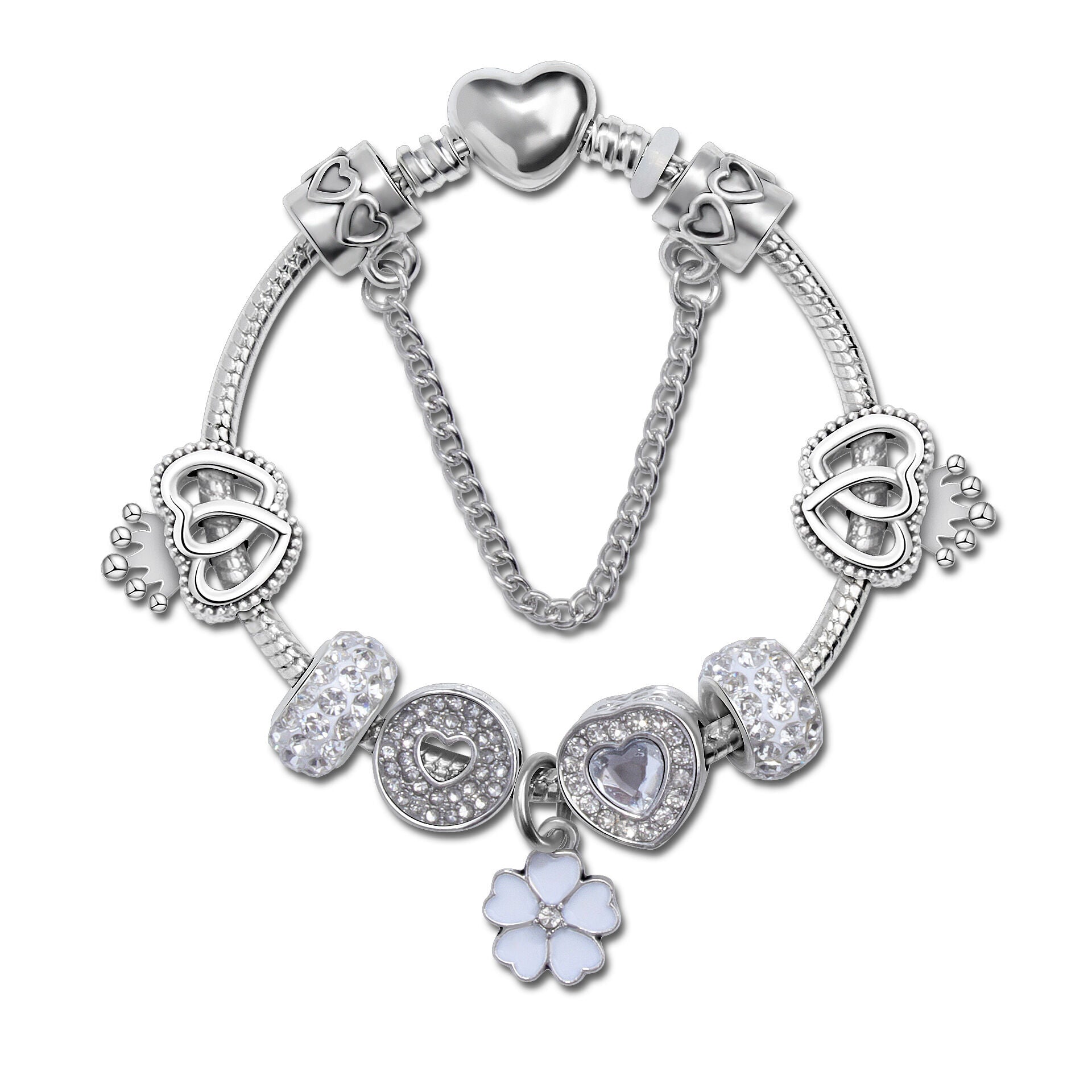 Rhinestone Heart & Crown Bead Bracelet,Fashion Sweet Jewelry for Women(silver-19cm)