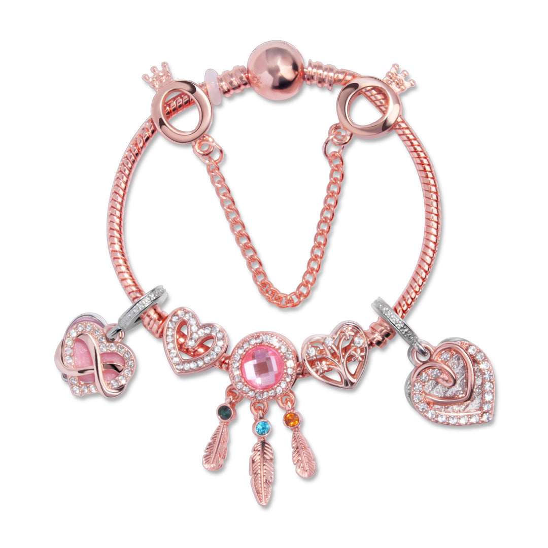 Rose Gold Bracelet with Pink Heart Charms & Crystal Rhinestones(18cm)