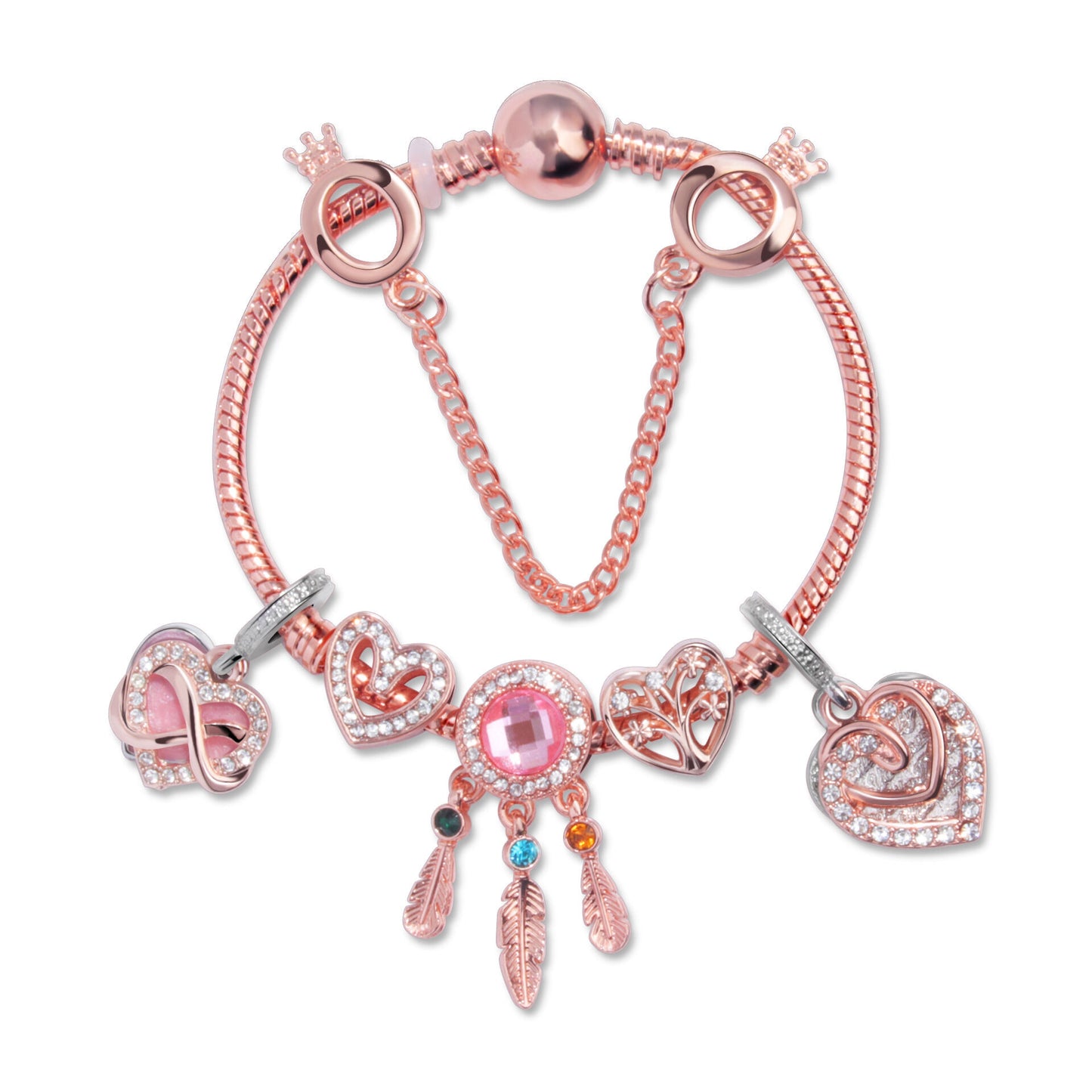 Rose Gold Bracelet with Pink Heart Charms & Crystal Rhinestones(19cm)
