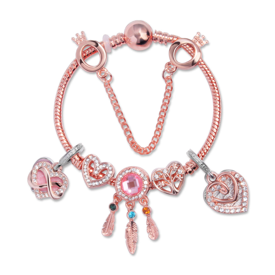 Rose Gold Bracelet with Pink Heart Charms & Crystal Rhinestones(20cm)