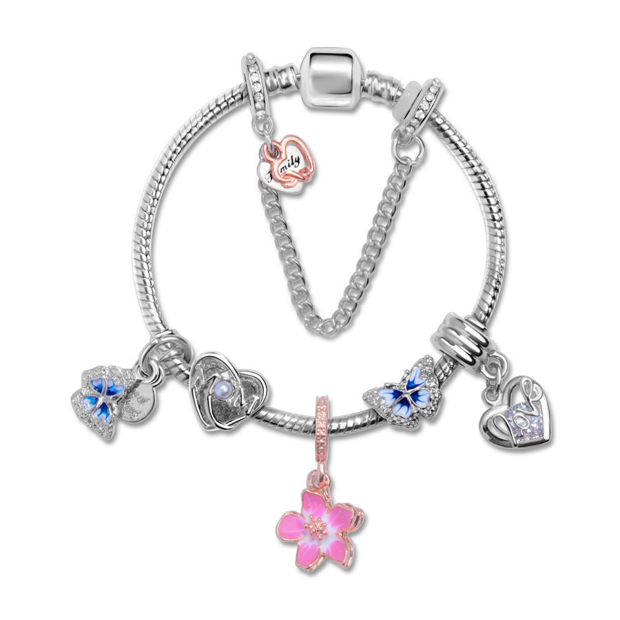 Blue Butterfly Glass Bead & Pink Flower Pendant Charm Bracelet(19cm)