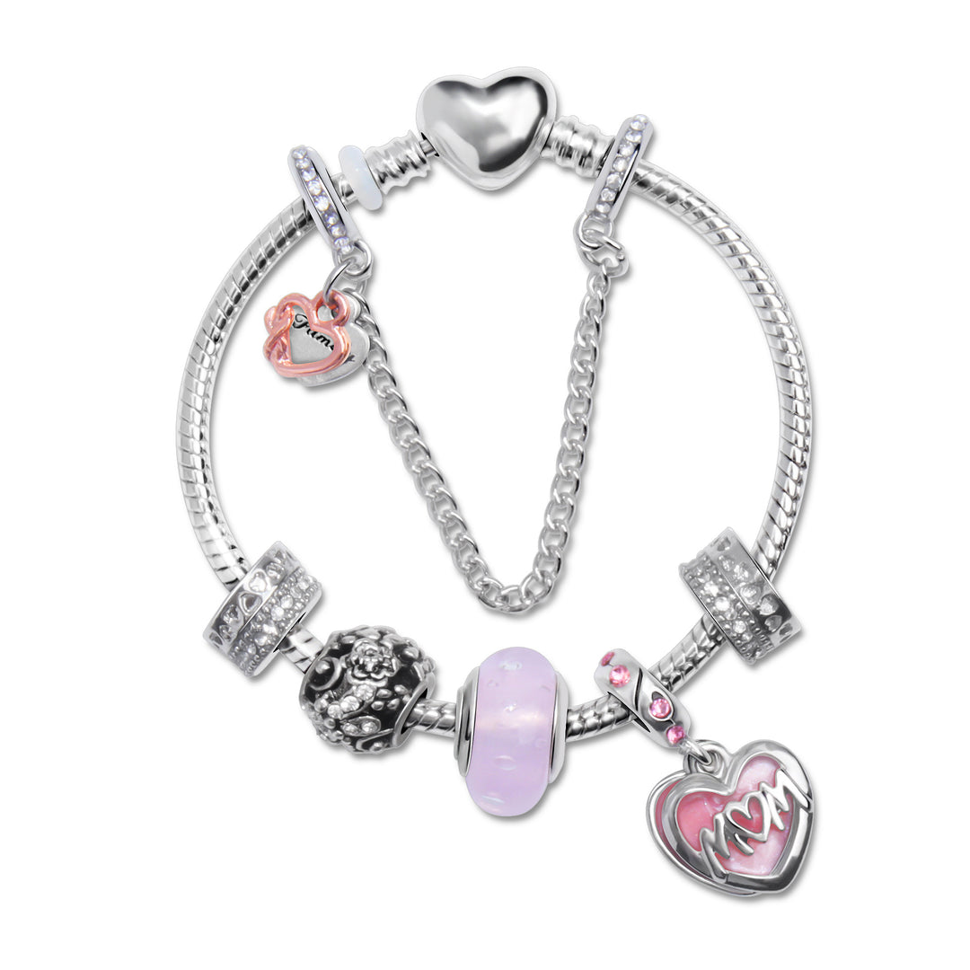 Heart Charm Beaded Bracelet with Crystals(17cm)