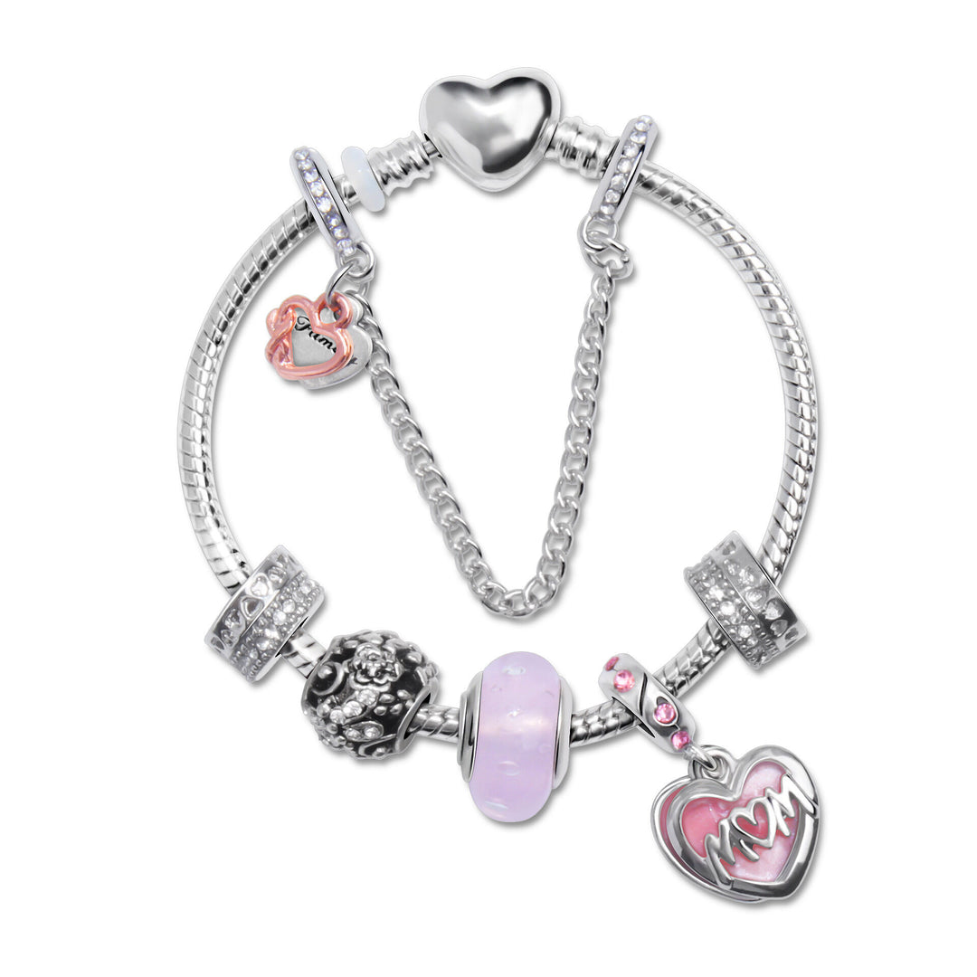 Heart Charm Beaded Bracelet with Crystals(19cm)